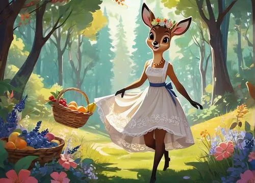 fawn,deer illustration,springtime background,hare trail,garden party,picnic basket,spring background,picnic,country dress,girl in the garden,young-deer,picking flowers,ballerina in the woods,easter theme,in the forest,springtime,girl picking flowers,forest walk,fairy forest,deer,Illustration,Retro,Retro 12