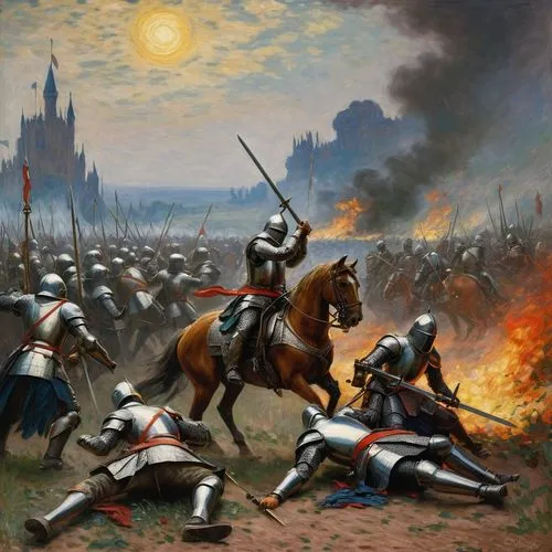 Create a story that shows a rebel leader dying at the hands of a prince in the middle of a war between three magic kingdoms, with knights fighting,agincourt,burgundians,hussite,hussites,batalla,cavalr