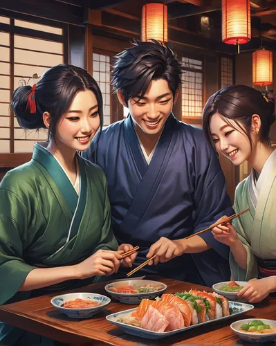 Write a short story about a lively Genki Izakaya where friends gather after a long day. They laugh, share stories, and enjoy delicious Japanese cuisine.,korean royal court cuisine,izakaya,korean chine