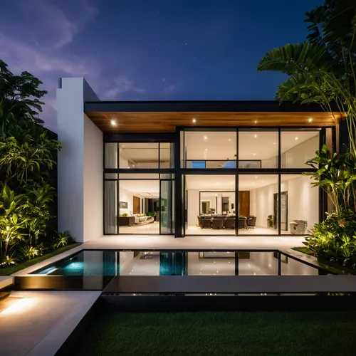 RAW photo, outdoor, (residential architecture exterior:1.3), 1 house architecture, (elegant), Singapore tropical modern house style, white wall and glass and rock and black steel and wood, (Luxury hom