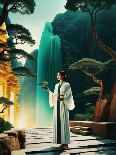 In a surreal landscape, a woman dressed in a white robe stand tall, holding a gold lacquer in her hand. The painting depicts a serene forest filled with green plants and lush greenery, that contrasts 