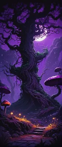 mushroom landscape,halloween background,haunted forest,purple landscape,magic tree,halloween wallpaper,old tree,acerola,purple wallpaper,druid grove,dragon tree,witch's house,the roots of trees,fantasy landscape,the trees,tree grove,ipê-purple,strange tree,creepy tree,forest tree,Photography,Fashion Photography,Fashion Photography 10