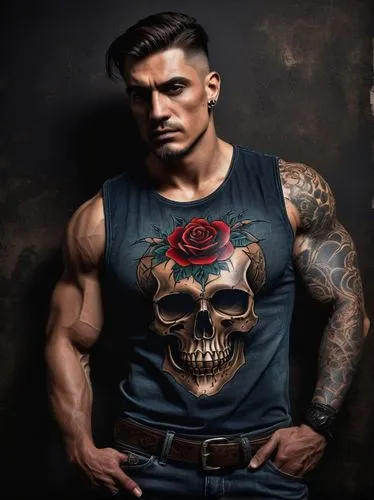 Nathan Fillon, male, 30s, muscular, sleeveless shirt, rugged jeans, bold tattoo on left arm, intricate design, skulls, roses, thorns, dark shading, realistic texture, dim studio lighting, dramatic sha