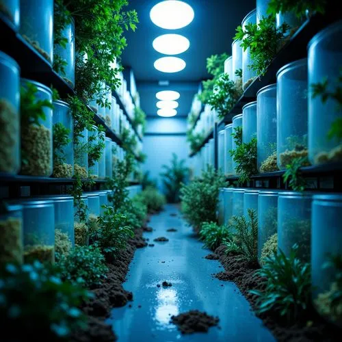 Bioluminescent metabolic architecture, organic matter decomposition, microbial fuel cells, recycled carbon dioxide, hydroponic systems, nutrient-rich soil, futuristic laboratory equipment, transparent