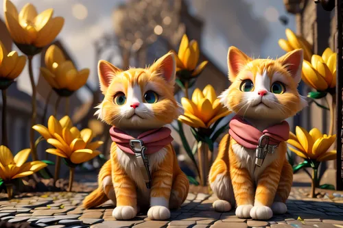 oktoberfest cats,flower cat,tulip background,tulip festival,cartoon flowers,two tulips,orange tulips,two cats,twin flowers,spring background,golden flowers,springtime background,orange robes,felines,red tabby,crocuses,blossom kitten,flower background,cat family,3d render