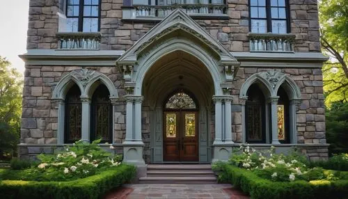 Victorian-era inspired building, Saratoga Springs style, ornate details, intricate stonework, tall spires, grand entrance, wooden doors, stained glass windows, lush greenery surrounding, blooming flow