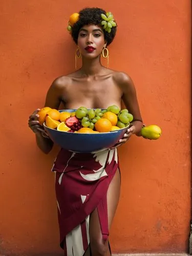 My most beautiful and young Creole hostess came up to me with a bowl of the most delicious fruit and beamed at me lovingly.,a woman standing with a plate of fruit on her back,oshun,peruvian women,bali