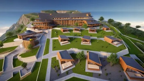 eco hotel,alpine village,eco-construction,mountain settlement,3d rendering,escher village,render,solar cell base,golf resort,ski resort,building valley,cube stilt houses,mountain huts,ski facility,mountain village,new housing development,golf hotel,house in the mountains,house in mountains,knight village,Photography,General,Realistic