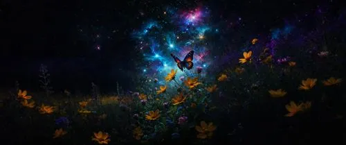 таинственный ночной луг весь в цветах,the two erfly erflies are on the yellow and purple flowers,fairy galaxy,colorful star scatters,apophysis,amoled,fireworks background,nebulosity