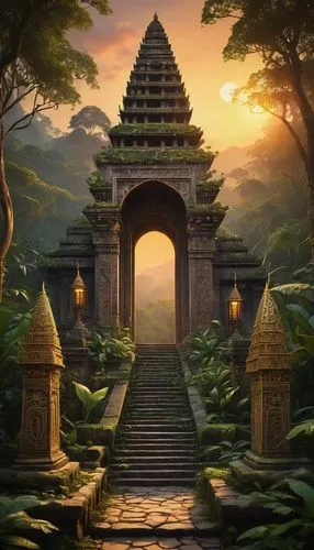 victory gate,temples,asian architecture,tori gate,shrines,ancient city,thai temple,gateway,matityahu,shrine,angkor,dhamma,temple,tempel,bali,cambodia,japanese shrine,entrada,baan,stone gate,Illustration,Abstract Fantasy,Abstract Fantasy 12