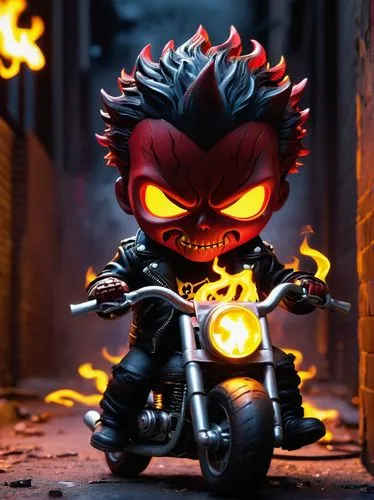 Ghost Rider Chibi, cute devil, hellish red skin, small horns, glowing yellow eyes, tiny wings, black leather jacket, ripped jeans, chains, hellfire, smoke effects, city street, night scene, dark alley