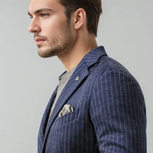 the man is standing in a jacket, looking to his left,sportcoat,men's suit,sprezzatura,navy suit,tailored,men's wear,Male,Eastern Europeans,Casual Shirt and Chinos,Pure Color,Light Grey