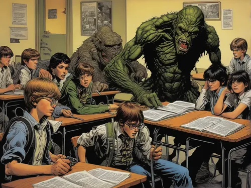 classroom training,classroom,marvel comics,incredible hulk,back-to-school,back to school,teaching,green goblin,private school,class room,hulk,the thing,teacher,tutoring,detention,schools,school enrollment,school children,outbreak,mass testing,Conceptual Art,Daily,Daily 09