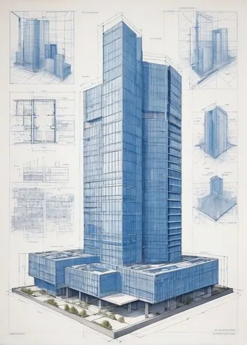 Blue-print, technical illustration, floor plan, elevation view, modern building, skyscraper, urban landscape, cityscape, grid paper, pencil sketch, ruler lines, geometric shapes, minimalist design, mo