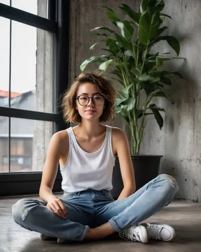 girl sitting,padmasana,with glasses,meditator,portrait background,meditative,jeans background,meditating,relaxed young girl,meditation,sitting,woman sitting,glasses,arms crossed,zen,girl in t-shirt,reading glasses,girl portrait,pranayama,silver framed glasses,Photography,Artistic Photography,Artistic Photography 10