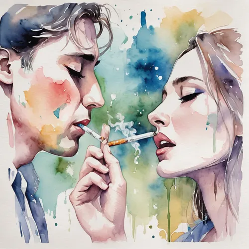 Tears streaming down their face, they reach for the cigarettes, their post-sex routine.,e cigarette,e-cigarette,smoke art,watercolor painting,watercolor paint strokes,two people,watercolor paint,smoki