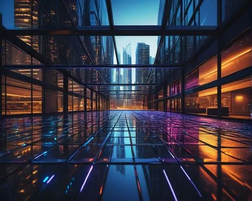 glass building,light trails,glass facades,light trail,glass facade,cyberview,cybercity,cityscape,glass wall,cityscapes,skywalks,city at night,city scape,blur office background,citylights,superhighways,skybridge,skyways,city lights,metropolis,Illustration,Retro,Retro 20