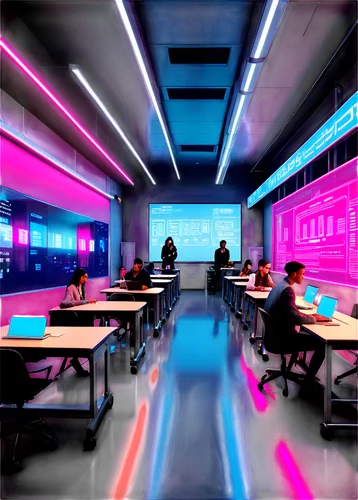 school design,computer room,neon human resources,study room,neon coffee,ufo interior,modern office,graphic design studio,classroom,computer store,neon arrows,class room,creative office,cafeteria,food court,formula lab,colored lights,working space,offices,neon light,Conceptual Art,Sci-Fi,Sci-Fi 26