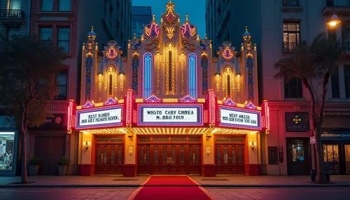 Vibrant cinema facade, eclectic architectural style, ornate decorations, bright neon lights, bold color schemes, intricate moldings, Art Deco patterns, luxurious materials, grand entrance, red carpet,