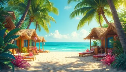 Vibrant tropical island, lush green palms, turquoise ocean waves, coral reefs, sandy beaches, warm sunny day, soft golden lighting, pastel-colored huts, exotic floral patterns, bold bright accents, na