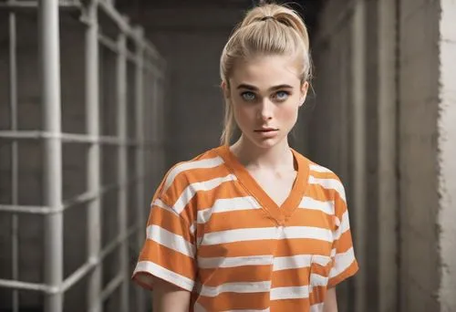 prisoner,chainlink,burglary,offenses,criminal,blond girl,prison,blonde woman,girl in t-shirt,bad girl,murderer,blonde girl,eleven,olallieberry,horizontal stripes,liberty cotton,isolated t-shirt,drug rehabilitation,havana brown,orange,Photography,Natural