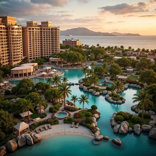 Vibrant casino complex, tropical landscape integration, lush greenery, palm trees, exotic flowers, meandering water features, rock formations, warm sandy beaches, turquoise lagoon, sunset ambiance, so