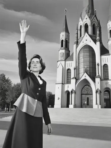 B&W photo: Ms. Eva H. in front of the Kaiser Wilhelm Memorial Church in Berlin.,an older woman wearing a dress and standing near a church,yezhov,cassocks,canonization,pleasantville,clergywoman,postula