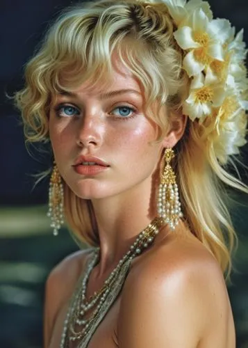 a beautiful blonde woman in pearls and a flower in her hair,eleniak,connie stevens - female,amazonica,balinese,tanith,bridal jewelry,Photography,General,Realistic