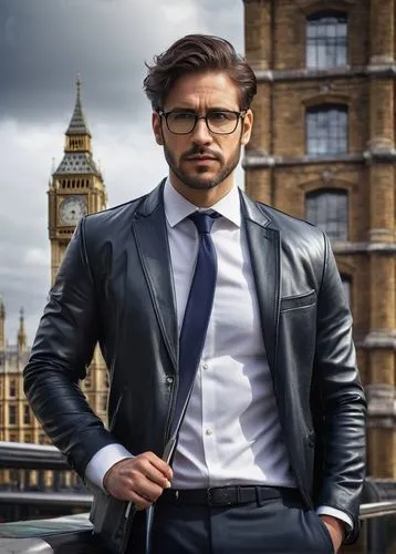 **Architectural Designer**
male, 30s, stylish hair, glasses, beard, white shirt, black tie, dark blue suit, standing, confident pose, holding a scale model, urban background, cityscape, skyscrapers, m