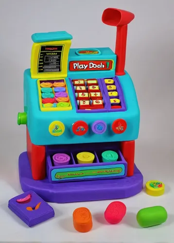 Imagine a playful kids' cash register toy that comes with sound effects and a pretend scanner.,toy cash register,kids cash register,radio-controlled toy,motor skills toy,play-doh,cash register,play do