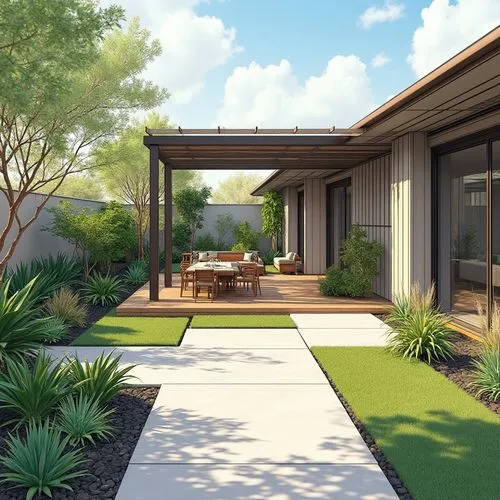 Architectural plans, point of view perspective of a garden. Aesthetic is Australian desert Japandi. Plants and bushes, concrete and wood decking. Pergola roof, relaxed seating. Digital drawing, vivid 