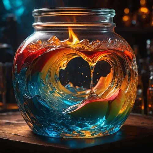 colorful glass,colorful heart,fire and water,glass jar,colorful water,fire heart,glass vase,bottle fiery,watery heart,mosaic tea light,glass sphere,glass painting,tea light,splash photography,colorful drinks,marimo,jar,valentine candle,lensball,koi fish,Photography,General,Fantasy