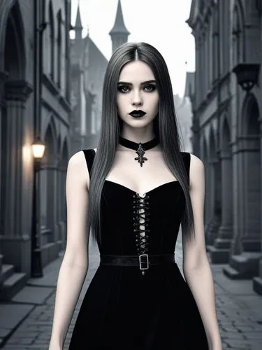 An ultra detailed, a beautiful goth girl with long straight hair in a short black dress is walking through a gothic city, moonlight, gothic fashion, dark fantasy style, hyper realistic, realism, digit