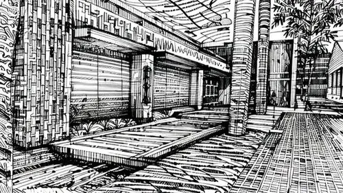 store fronts,wooden pallets,decking,wireframe graphics,wooden construction,loading dock,pallets,wireframe,warehouse,wooden decking,comic style,monochrome photography,alleyway,wooden houses,japanese ar