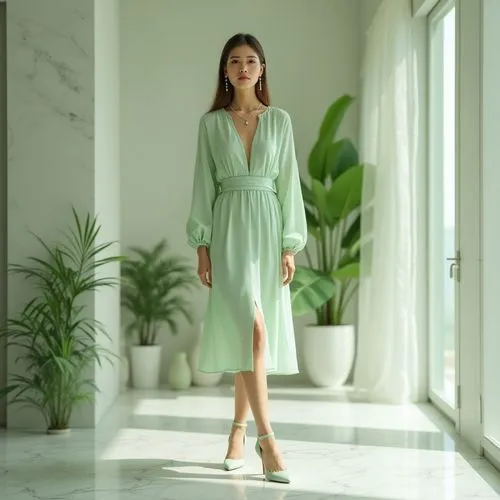 green dress,light green,in green,kurung,shirtdresses,sage green,tahiliani,a floor-length dress,filipiniana,cheongsam,shirtdress,elegant,sazan,vestido,green,girl in a long dress,mint blossom,hemline,hemlines,green and white,Photography,General,Realistic