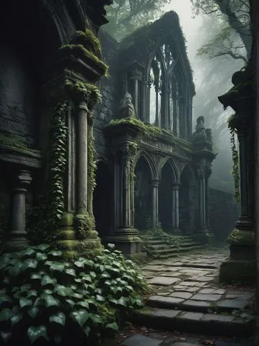 mausoleum ruins,haunted cathedral,old graveyard,hall of the fallen,necropolis,ruins,mausolea,graveyards,forest chapel,resting place,sepulchres,tombs,abandoned place,crypts,graveyard,forest cemetery,abandoned places,ghost castle,mausoleums,witch's house,Conceptual Art,Fantasy,Fantasy 12