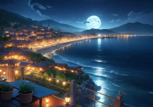 this is a beautiful sea side resort by night,moonlit night,moonlight,moonlit,blue moon,the night of kupala,sea night,Anime,Anime,General