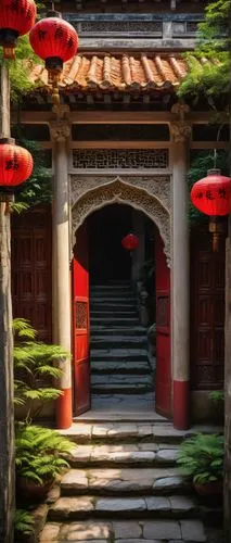 Ancient Siu architecture, intricately carved stone walls, majestic entrance gate, curved tile roofs, ornate wooden doors, vibrant red lanterns, intricate latticework windows, serene inner courtyard, l