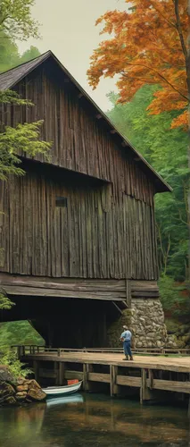 covered bridge,wooden bridge,water mill,log bridge,boathouse,old mill,boat house,digital compositing,boat shed,japan landscape,dutch mill,world digital painting,wooden roof,log home,wooden house,autumn idyll,fisherman's house,hangman's bridge,timber framed building,water wheel,Conceptual Art,Sci-Fi,Sci-Fi 05