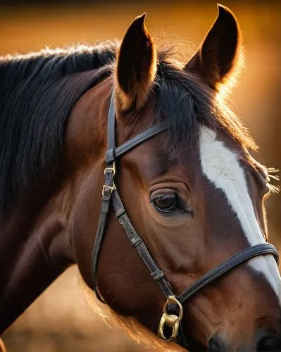 Silhouette of a horse during golden hour, close-up of half of the profile of horse’s face including one eye and both ears. The light should illuminate the horse's eyes and ears from behind or the side