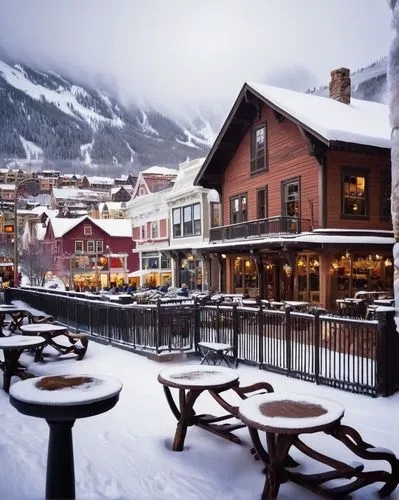 Telluride, Colorado, snowy mountain town, charming main street, upscale boutiques, art galleries, Victorian-era buildings, rustic wooden accents, snow-covered rooftops, icicle formations, frozen water