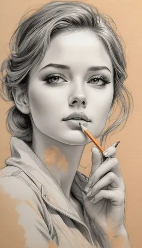 the drawings drawn with lit matches were cute, in the style of feminine portraiture, golden light, light gray, pensive poses, smokey background, light orange and light black, light & shadow ,smoking g