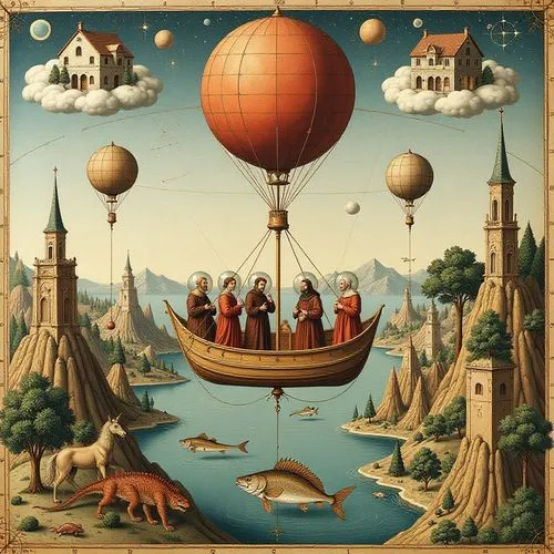 A fascinating and detailed painting in a mixed style of medieval cartography, an illuminated manuscript with elements of a medieval bestiary with numerous small details and characters. The image is ma