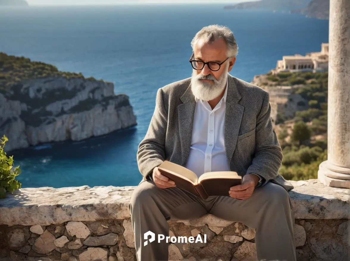 Ancient Greek ruins, philosophical atmosphere, mature professor, solo, (50yo), glasses, grey beard, tweed jacket, holding a book, sitting on a stone column, surrounded by broken marble pillars, overgr