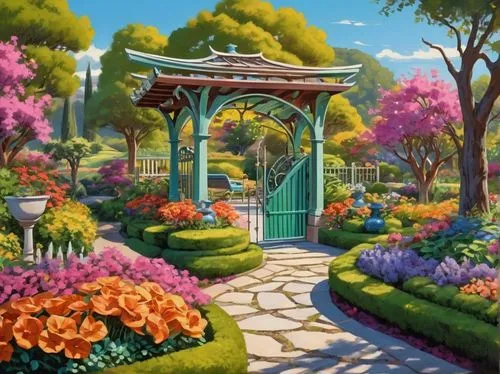 flower garden,nature garden,gardens,cartoon video game background,pergola,fairy village,flower booth,rosarium,garden of plants,secret garden of venus,gazebo,cottage garden,jardin,giardino,landscape background,jardines,botanical garden,springtime background,garden of eden,home landscape,Illustration,Retro,Retro 12