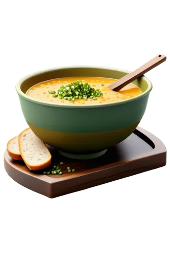 Ceramic bowl, steaming hot soup, creamy texture, golden broth, scattered chopped green onions, crusty bread slice on side, elegant spoon, rustic wooden table, warm lighting, shallow depth of field, 3/