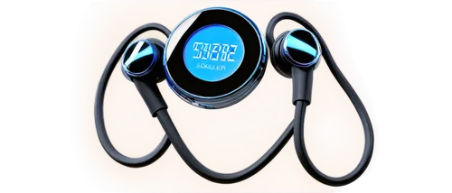 Audio file, WAV format, transparent background, digital display, glowing blue light, futuristic design, sleek metal body, circular buttons, LCD screen, earbuds connected, solo object, close-up shot, s