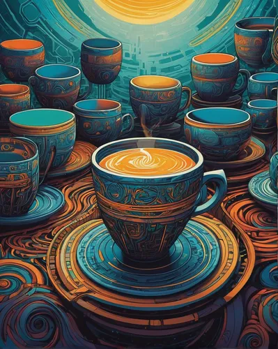 cups of coffee,blue coffee cups,coffee tea illustration,coffee background,tea art,a cup of coffee,coffee art,cup of coffee,cappuccino,coffee cups,café au lait,tea cups,coffee cup,yellow cups,masala chai,espresso,cups,cup coffee,pouring tea,java,Illustration,Realistic Fantasy,Realistic Fantasy 41