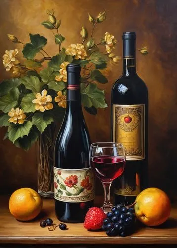 Convert pictures into paintings, oil painting style, vivid colors, thick brushstrokes, textured canvas, artistic messy, realistic subjects, flowers, still life, fruit, wine bottles, antique furniture,