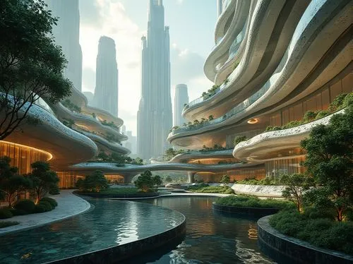 Organic curves, flowing lines, undulating structures, futuristic skyscrapers, gleaming metallic surfaces, iridescent glass facades, dynamic fluidity, sinuous shapes, biomimetic design, sustainable mat